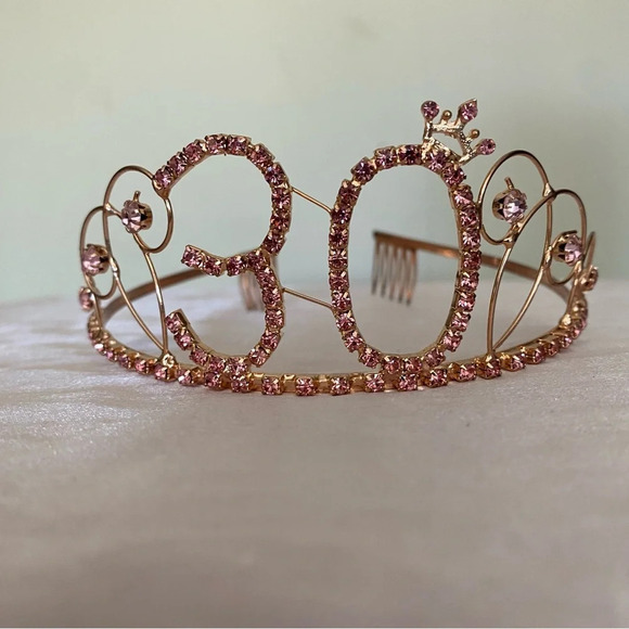 Happy 30th Birthday Set Pink Crystal Tiara and Black BDay Bag Balloon Weight - Picture 3 of 7